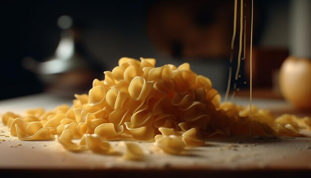 Frische hausgemachte Pasta, eine gesunde italienische Mahlzeit auf einem rustikalen Tisch, generiert durch künstliche Intelligenz
