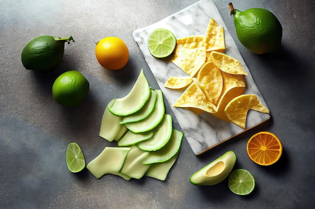 Frische hausgemachte scharfe Guacamole-Sauce mit Nachos-Draufsicht Generative Ai