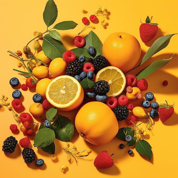 Frische helle Früchte und Beeren auf gelbem Hintergrund, KI generiert