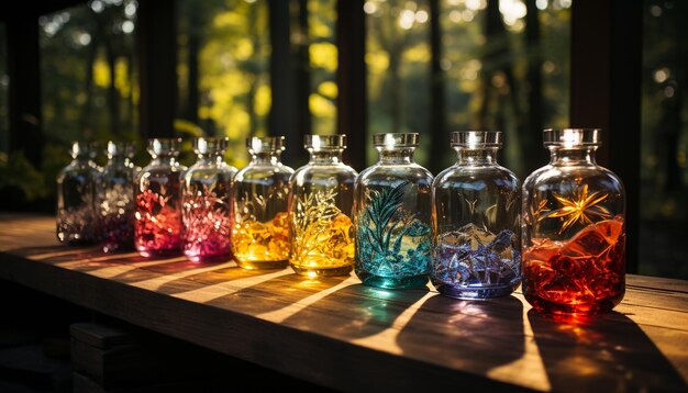 Frische in der Natur, gelb, grün, blau, mehrfarbige Glasflasche, erzeugt durch künstliche Intelligenz