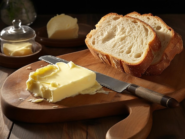 Frische, in Stücke geschnittene Butter und Brot auf der Holzplatte erzeugte Luft