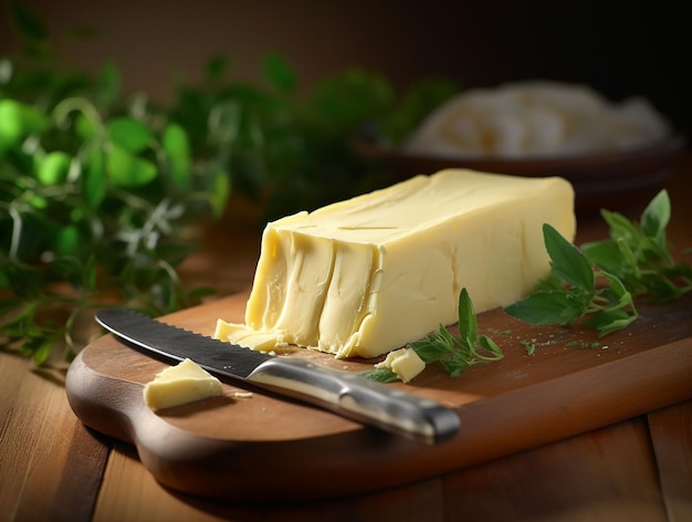 Frische, in Stücke geschnittene Butter und Petersilie auf der Holzplatte erzeugen