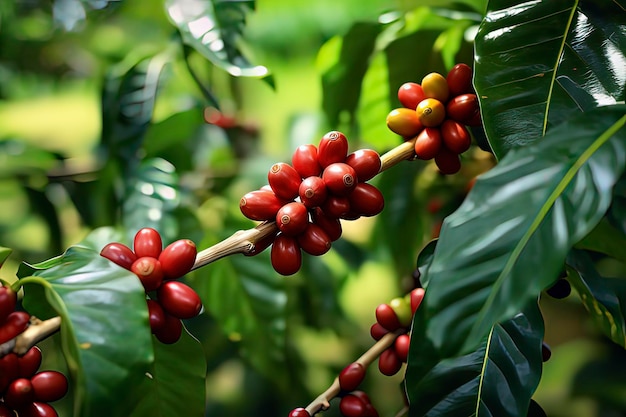 Frische Kaffeebohnen auf dem Baum. KI-Technologie erzeugtes Bild