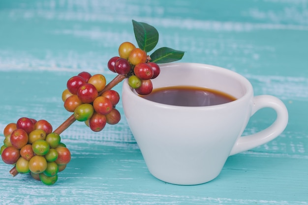frische Kaffeebohnen und Tasse heißen Kaffee, Konzept Essen und trinken.