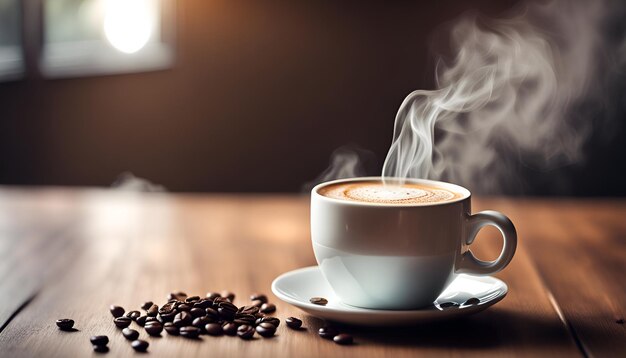 frische Kaffeedämpfe auf einem Holztisch in der Nähe