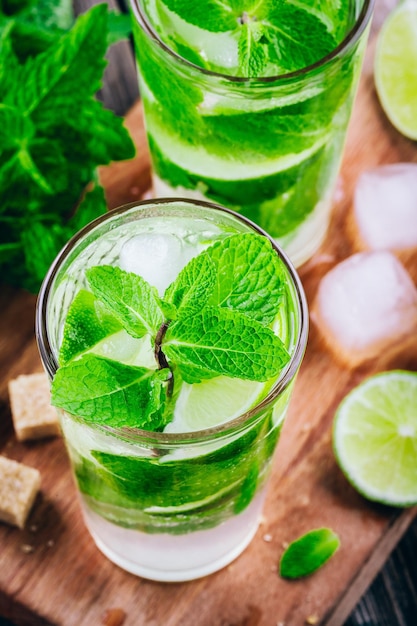 Frische kalte Limonade mit Limettenminze und Eis im Glas auf Holzhintergrund