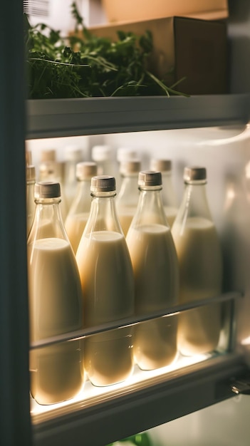 Frische kalte Milch in einer Glasflasche im Kühlschrank