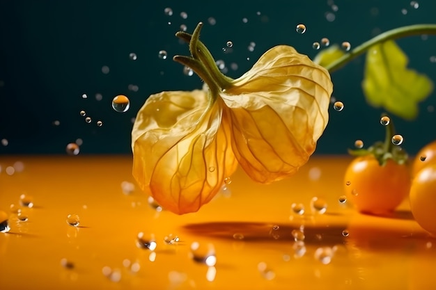 Foto frische kapstachelbeeren fliegen mit wasserspritzern auf hellem hintergrund