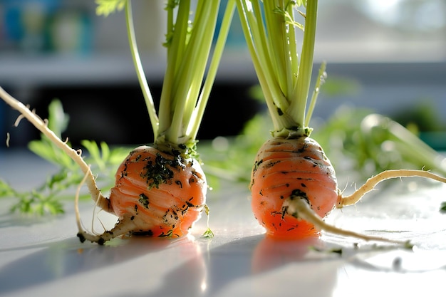 Frische Karotten mit Knospen auf einem weißen Tisch in der Küche