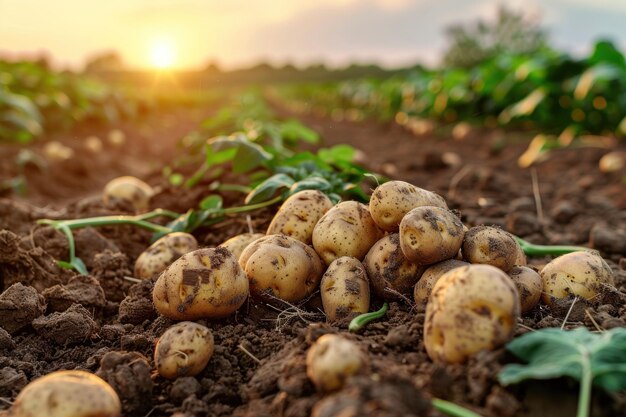 Frische Kartoffeln aus dem Boden auf dem Ackerfeld bei Sonnenuntergang