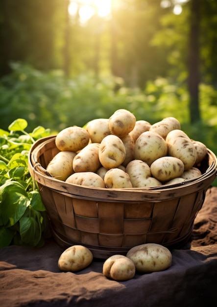 Frische Kartoffeln in einem Korb auf einem Holztisch im Garten Generative KI