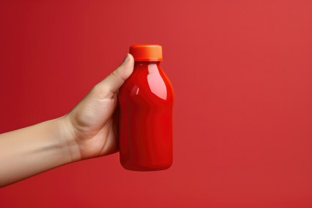 Frische Ketchup-Flasche mit roter Tomate in menschlichen Händen Kochkonzept Generative Ai