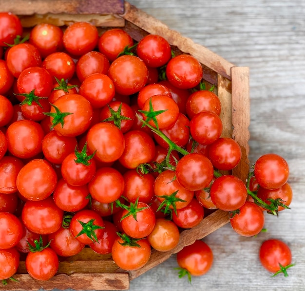 Frische Kirschtomaten auf hölzernem Hintergrund