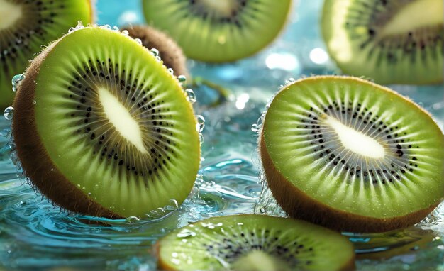 Frische Kiwi-Früchte mit Wasserspritzen auf schwarzem Hintergrund