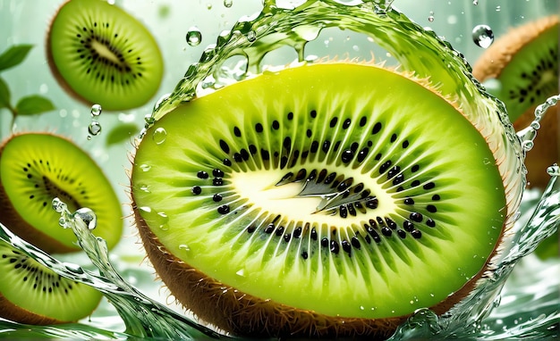 Frische Kiwi-Früchte mit Wasserspritzen auf schwarzem Hintergrund