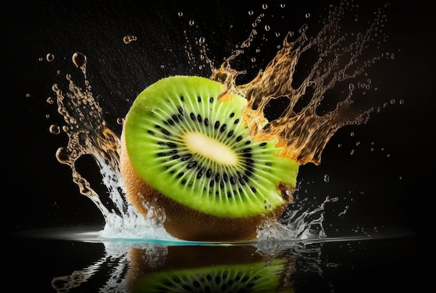 Frische Kiwi mit Wasserspritzer isoliert auf schwarzem Hintergrund Generative KI