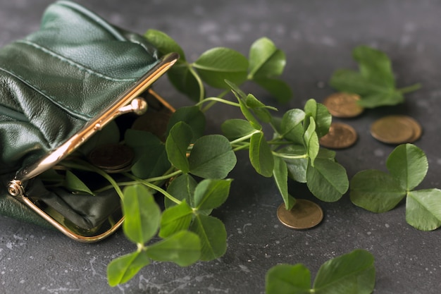 Frische Kleeblätter aus einer grünen Geldbörse und Goldmünzen sind auf einem dunklen Hintergrund verstreut. St. Patrick's Day Konzept.