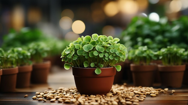 Foto frische kleeblümchenpflanze in einem keramiktopf auf einem holztisch mit verschwommenem hintergrund