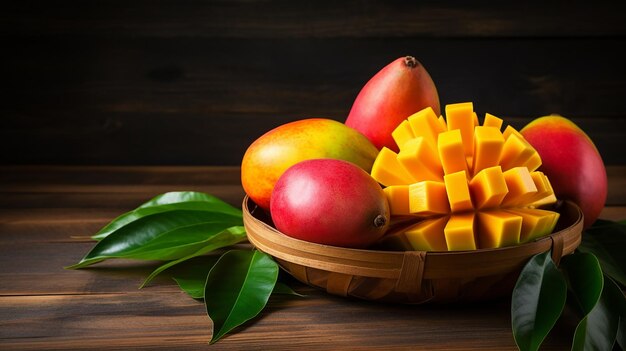 Frische köstliche süße Mangos auf Holzhintergrund