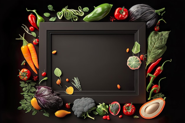 Frische, köstliche Zutaten aus Bio-Lebensmitteln für gesundes Kochen. Frisches Bauerngemüse auf einem schwarzen Tafelhintergrund. Generieren Sie KI