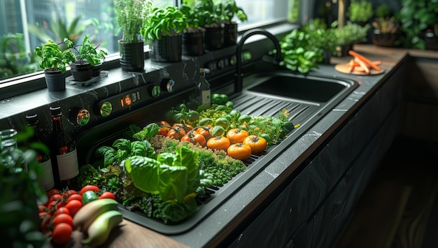 Frische Kräuter und Gemüse auf der Küchenplatte, um eine gesunde Mahlzeit zu kochen