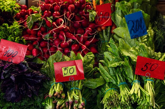 Frische Kräuter und Gemüse auf der Theke auf dem Markt Nahaufnahme