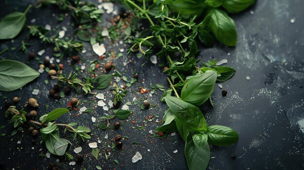 Foto frische kräuter und gewürze auf dunklem hintergrund