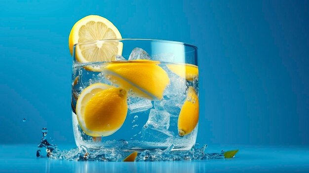 Frische, kühle Limonade in einem kleinen Glas mit Eis auf blauem Hintergrund, Wasser, kalter Saft, Cocktailfarbe, AI Generativ