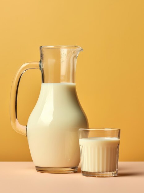 Frische Kuhmilch in einem Glas und einem Krug auf farbigem Hintergrund