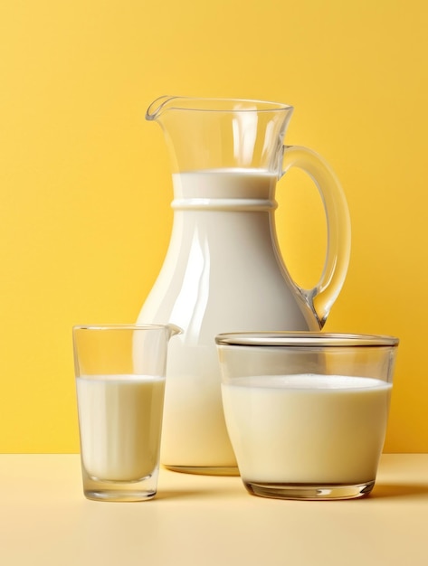 Frische Kuhmilch in einem Glas und einem Krug auf farbigem Hintergrund