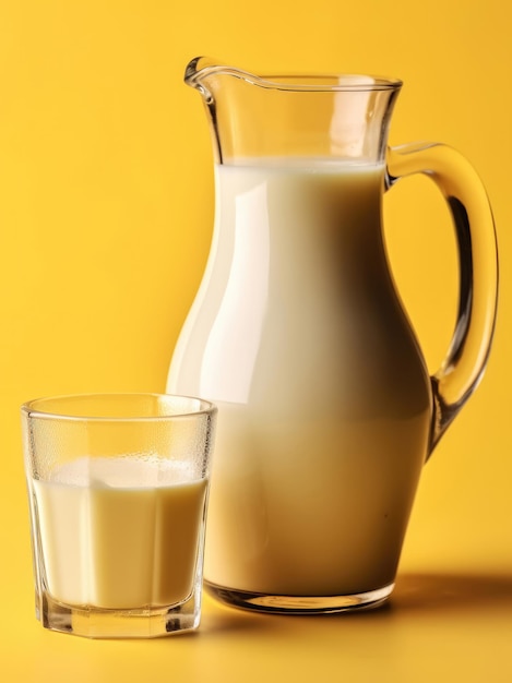 Frische Kuhmilch in einem Glas und einem Krug auf farbigem Hintergrund