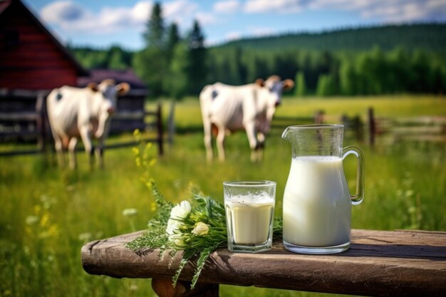 Foto frische kuhmilch in glas auf hölzerner tischplatte und verschwommene landschaft mit kuh auf der wiese generative ai