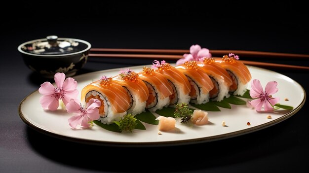 Frische Lachs-Sushi-Rollen mit Kaviar auf schwarzem Hintergrund