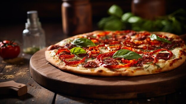 Frische lange Pizza Margarita mit getrockneten Tomaten und Basilikum