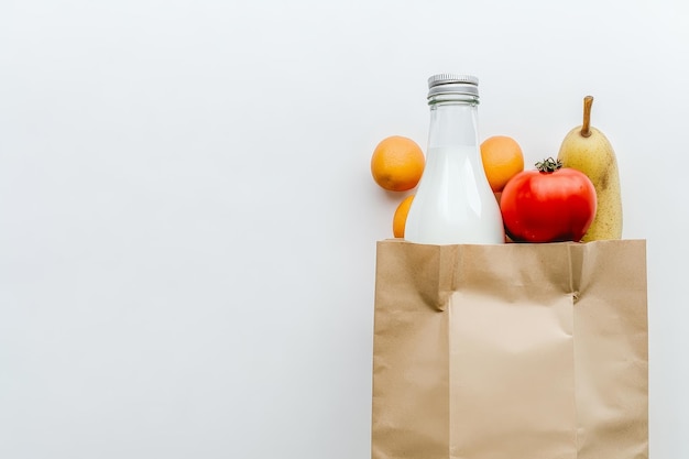 Frische Lebensmittel in einem braunen Papierbeutel, Milchflasche, Obst und Gemüse auf weißem Hintergrund