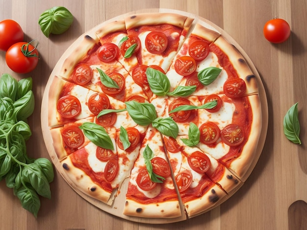 Frische leckere Pizza Margarita und Tomaten auf Holzhintergrund