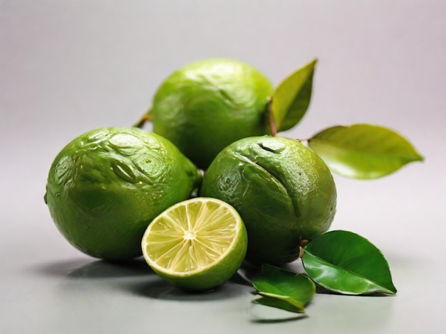 Frische Limetten mit Schale und Blättern auf weißem Hintergrund