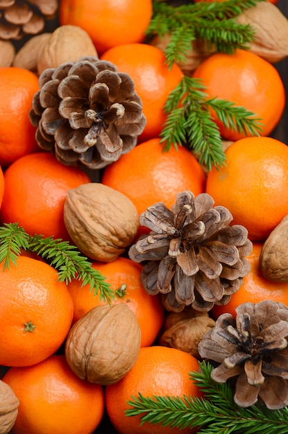 Frische Mandarinenclementine mit Nüssen und Zapfen.