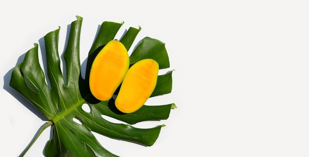 Frische Mango auf Monstera-Blättern auf Weiß