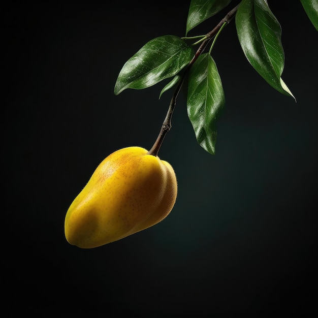 Frische Mangofrüchte fliegen im Restaurant- und Gartenhintergrund im Studiohintergrund