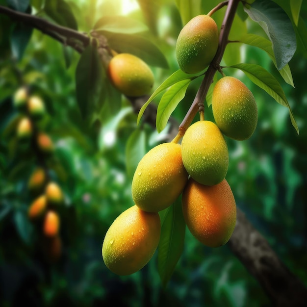 Frische Mangofrüchte fliegen im Restaurant- und Gartenhintergrund im Studiohintergrund