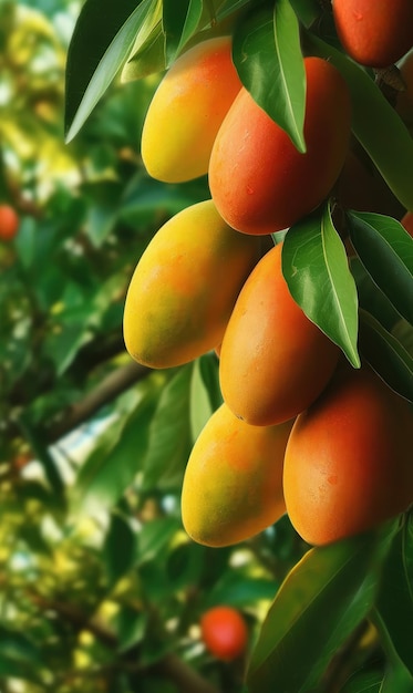 Frische Mangofrüchte fliegen im Restaurant- und Gartenhintergrund im Studiohintergrund