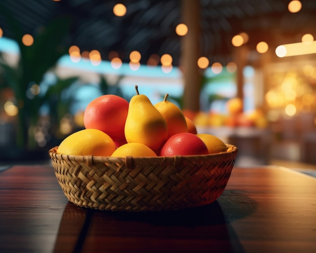 Frische Mangofrüchte fliegen im Restaurant- und Gartenhintergrund im Studiohintergrund