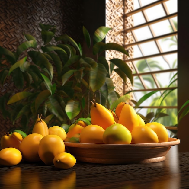 Frische Mangofrüchte fliegen im Restaurant- und Gartenhintergrund im Studiohintergrund