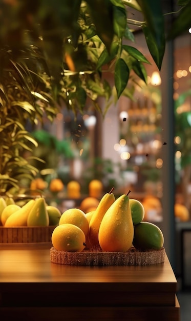 Frische Mangofrüchte fliegen im Restaurant- und Gartenhintergrund im Studiohintergrund