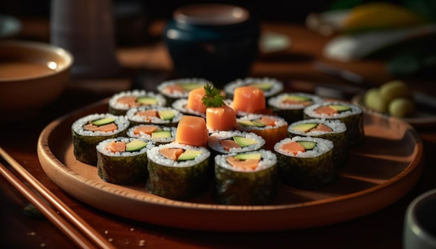 Frische Meeresfrüchte-Mahlzeit auf dem Teller mit Sushi, generiert durch KI