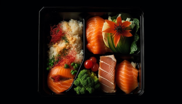 Frische Meeresfrüchte-Sushi-Teller mit gesundem Reis, der durch KI erzeugt wurde