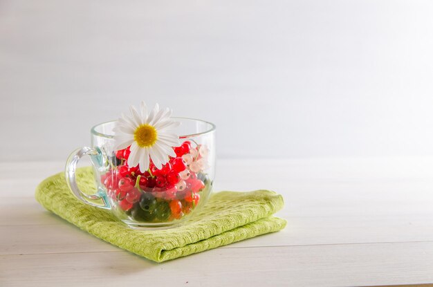 Frische mehrfarbige Johannisbeeren in einer Tasse auf weißem Hintergrund mit Kopierraum