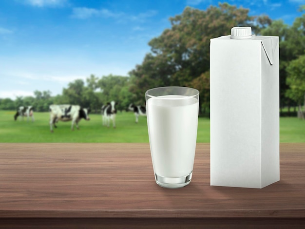 Frische Milch im Glas auf dunkler Holztischplatte und verschwommene Landschaft mit Kuh auf der Wiese Gesunde Ernährung Rustikaler Stil Raum für Design