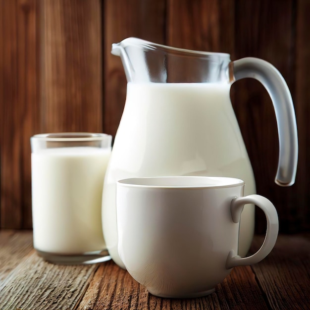 Frische Milch in einem Becher und Krug auf einem Holztisch